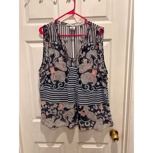 Cabi 5349 Peplum Tank Blouse Womens XL Tank Blue Paisley Striped Ruffle Sheer